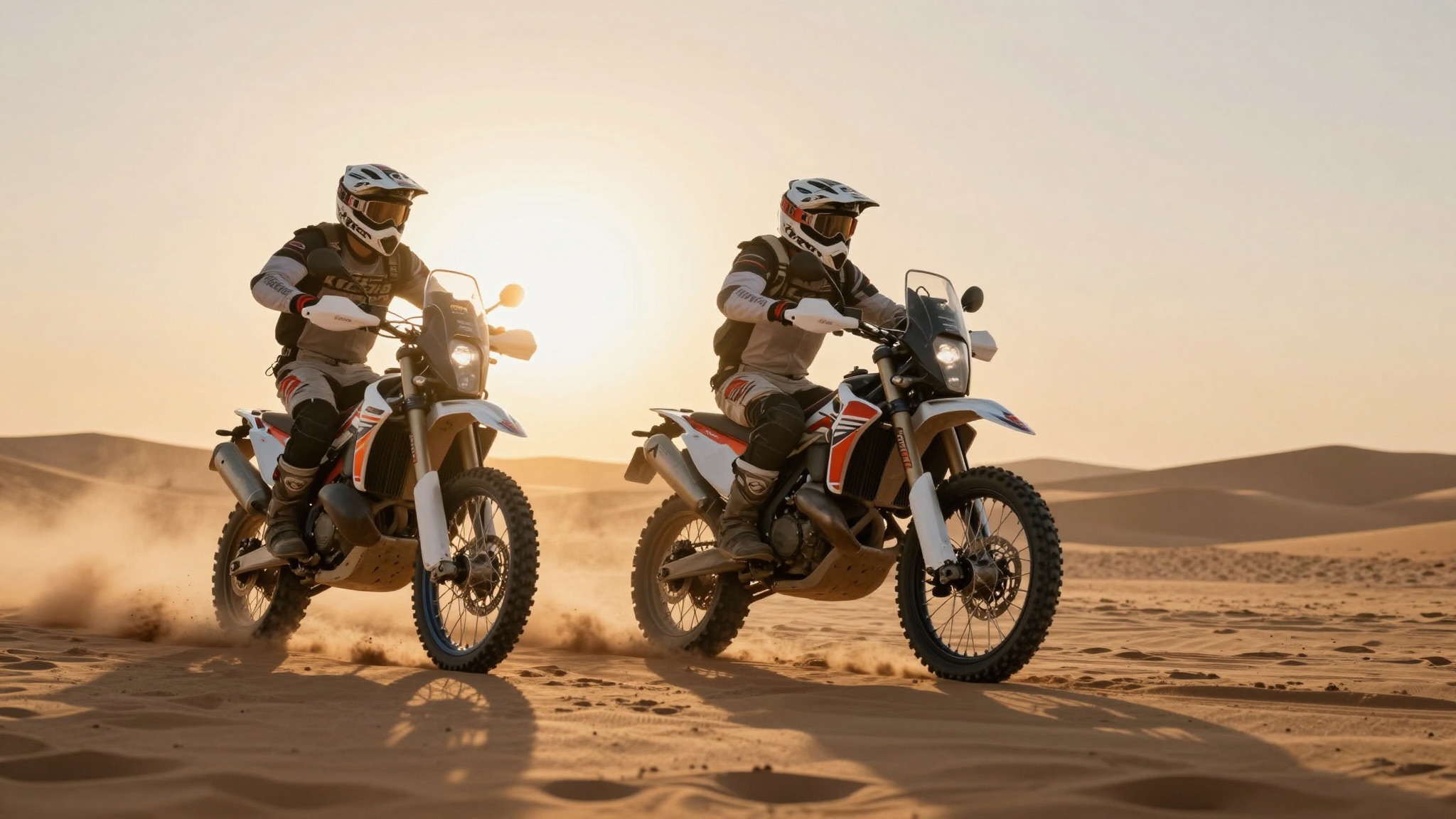 Dos motos rally cruzando el desierto al atardecer