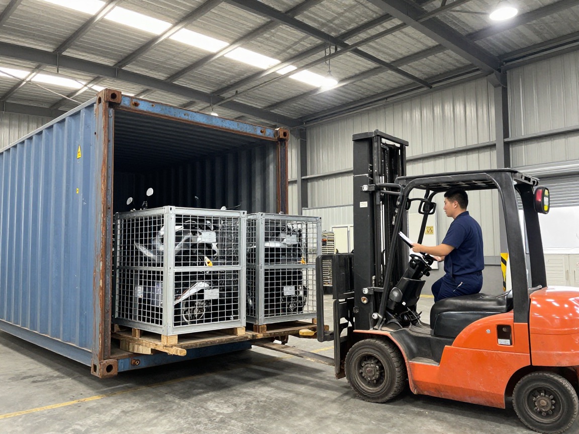Crated motorcycles being loaded into a shipping container by forklift